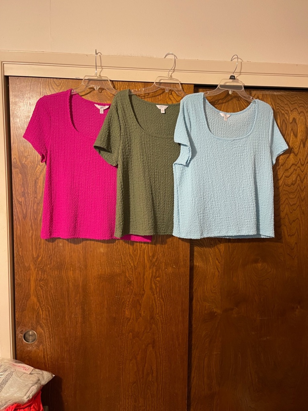 Time and Tru Scoop Neck Textured Short Sleeve Top - Pink, Olive, Light Blue
